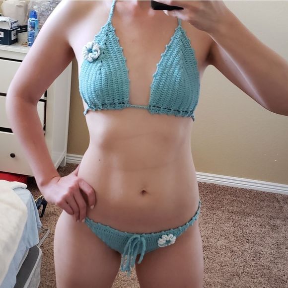 HANDMADE crochet Aqua green Bikini size S - Picture 2 of 8